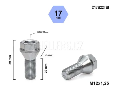 Obrázek produktu pro Kolový šroub M12x1,25x22 kužel s krátkou hlavou, klíč 17, C17B22TBI, výška 39 mm