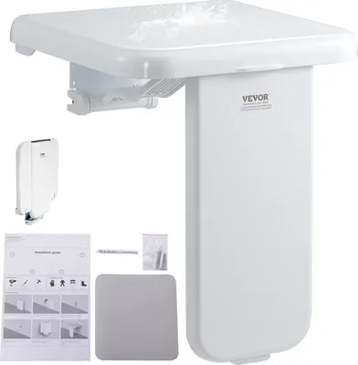 A white folding shower seat and its accessories are displayed against a white background.