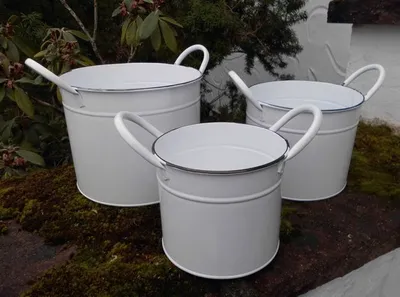 Produktbild von Eisenkübel 3er Set Eimer Kräutertöpfe Blumentöpfe Pflanztöpfe Henkel weiss