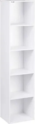 A tall, white, five-shelf bookcase is shown against a white background.