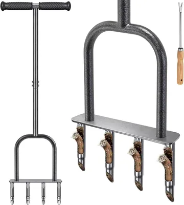 Zdjęcie produktu dla Aerator do trawnika, narzędzie do napowietrzania gleby, ręczny aerator do trawnika, 4 ostrza, długi trzonek, ostrza półotwarte