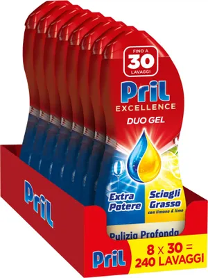 Produktbild von Pril Duo Gel Geschirrspülmittel Gel, Fettlösung, mit Zitrone, 8 Packungen mit je 30 Waschgänge, insgesamt 240 Waschgänge
