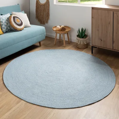 Produktbild von Steffensmeier Handweb Teppich Bali  | 100 % Baumwolle, Hellblau meliert, handgefertigt, Größe: Ø 120 cm | Flur, Eingangsbereich, Wohnzimmer