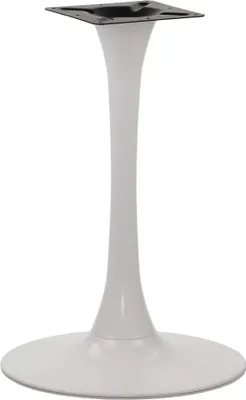 A white metal table base with a black mounting plate on top, shown against a white background.