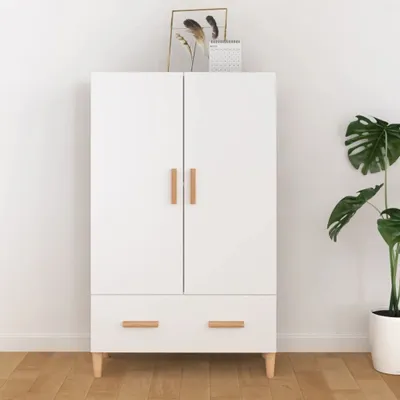 A white highboard with wooden handles and legs, placed against a white wall with a wooden floor.