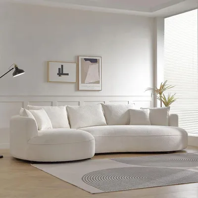 Produktbild von Hanah Home, Ecksofa Weiß, 317 x 163,5 x 71 cm | 70% HORNBEAM, 30% melaminbeschichtete Spanplatte | 100% Polyester (Boucle), 7 Kissen, leicht zu reinigen, tragbare Rückenpolster, 240 kg Tragfähigkeit.
