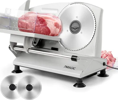 Produktbild von 7MAGIC Allesschneider Elektrisch, 2 Klingen, Sicherheitsverriegelung, 15mm Einstellbare Schnittstärke Heimgebrauch Aufschnittmaschine für Fleisch Käse Gemüse, 150W, Silber