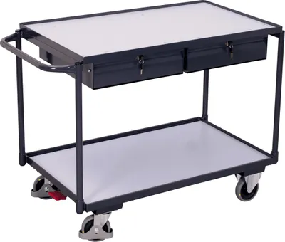 Produktbild von VARIOfit ESD Tischwagen mit Schiebegriff, 2 Schubladen und 2 Ladeflächen 985x595mm