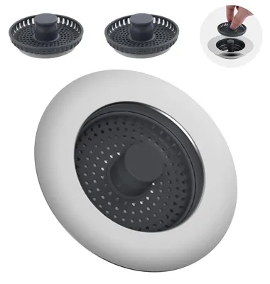 Immagine prodotto di Tappo per lavello 3-in-1 con 3 cestelli, setaccio universale per scarico, diametro 75-82 mm, profondità > 28 mm, rivestito in acciaio inossidabile + filtro in ABS