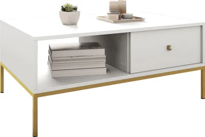 Produktbild von MIRJAN24 Couchtisch Mono Gold ML104 mit Schublade, Untergestell aus Metall 18 x 18 mm, Kugelgleitschienen (Farbe: Weiß + Gold)