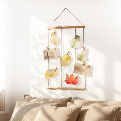 Makramee-Fotogardine mit 12 Holzklammern, 40x66 cm, weiß