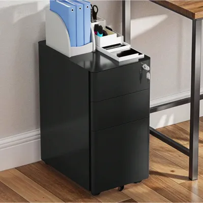 Produktbild von Abschließbarer Rollcontainer mit 3 Schubladen, Aktenschrank, Büroschrank, 46 x 30 x 59 cm