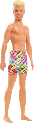 Produktbild von Barbie Ken Strandpuppe mit blondem Haar in bunter Los Angeles-Print Badehose