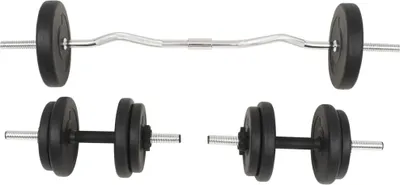 A barbell and two dumbbells are displayed against a white background.