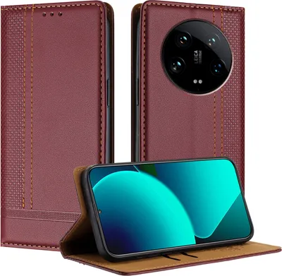 Produktbild von Handyhülle für Xiaomi 14 Ultra Leder Flip Klappbare Schutzhülle mit Standfunktion Dunkelrot