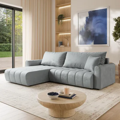 Produktbild von Masseno Ecksofa FRIGA mit Schlaffunktion L-Form, Sofa mit Bettkasten, Wohnzimmersofa, Couch, Soffa, Bettsofa, Couchgarnitur- Hellgrau, MONOLITH 84