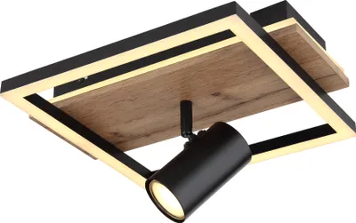 A modern ceiling light with a black metal frame, wood accents, and an integrated LED light.