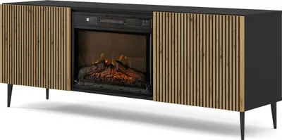 Produktbild von TV-Schrank RAVENNA 2D 170 cm mit Kamin SCHWARZ MATT / ARTISAN EICHE auf schwarzen Beinen