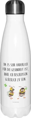 Produktbild von Mr. & Mrs. Panda Trinkflasche Hummeln Kleeblatt - Weiß - Geschenk, Thermo-Trinkflasche, trinkflaschen, Thermos, Biene, Wasserflasche, glücklich Werden, Hummel, sein