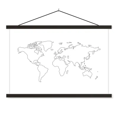 Obrázok produktu pre MuchoWow® Textilný plagát - Mapa sveta - Jednoduchá - Čiernobiela - 120x80cm - S čiernymi lamelami