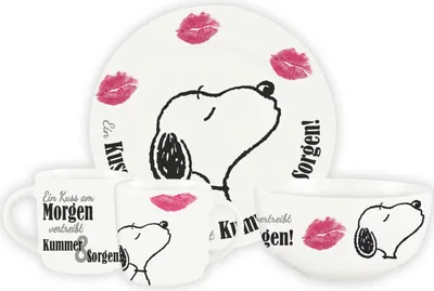 Produktbild von The Peanuts Frühstücksset Snoopy - Ein Kuss am Morgen, vertreibt Kummer & Sorgen! Geschirr Set 3-teilig Teller, Schale & Tasse aus Porzellan Weiß