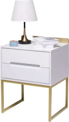 Productafbeelding van Famanu nachtkastje met twee lades - Geïntegreerde opbergruimte - Metalen poten - Wit en goud - Geschikt voor slaapkamer en woonkamer