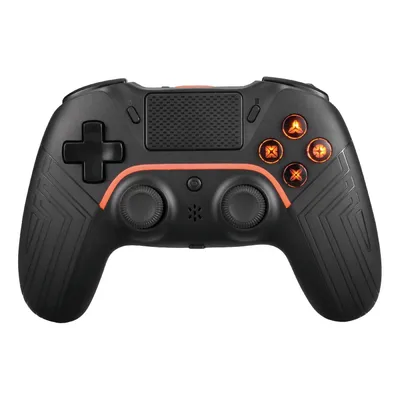 A black and orange gaming controller is shown against a white background.