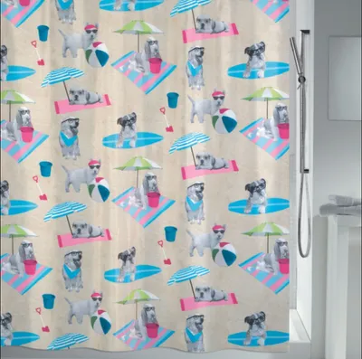 Obrázok produktu pre MSV Protiplesňový sprchový záves - antibakteriálny, umývateľný, vodotesný - polyester, "Beach Dogs" 180x200cm viacfarebný