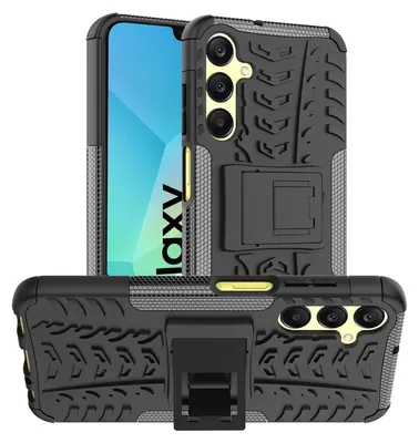 A black protective phone case with a tire tread pattern and a kickstand, shown from two angles.