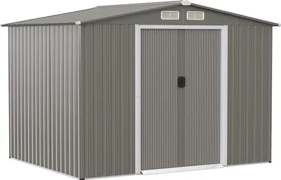 Produktbild von GOPLUS Gerätehaus mit Fundament,4,74 ㎡, 8,59 m³ Geräteschuppen mit Türgröße: 104x156cm, Lüftungsfenster & Satteldach, Gartenhaus Metall
