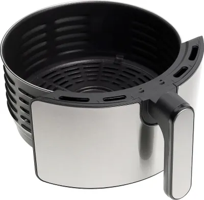 A close-up view of an air fryer basket with a handle.