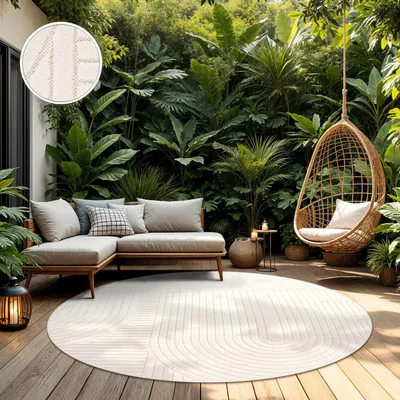 Produktbild von TT Home In-& Outdoorteppich Wetterfest Balkon Schlafzimmer Boho Skandi Motiv Unifarben Geometrische Optik Moderner Style Größe 160 cm Rund