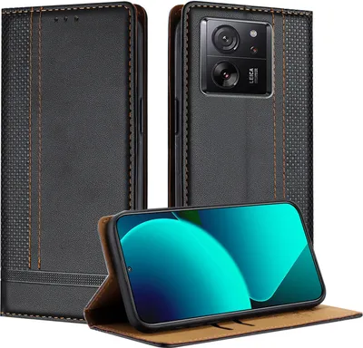 Produktbild von Handyhülle für Xiaomi 13T/13T Pro/Redmi K60 Ultra Leder Flip Klappbare Schutzhülle mit Standfunktion Schwarz