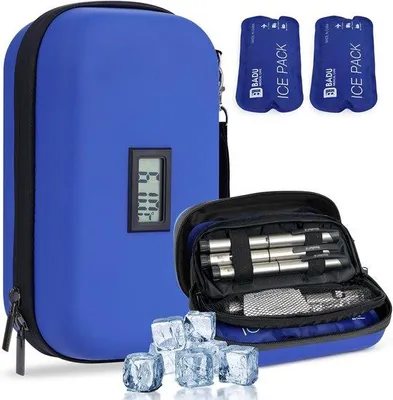 Produktbild von Kühltasche für Insulin mit Temperaturanzeige – Kühlbox für Medikamente mit 2 wiederverwendbaren Kühlakkus – Isolierte Medikamentenbox – Reisekühltasche für Insulin, Medikamente und Diabetesbedarf – Blau