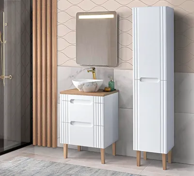 Zdjęcie produktu dla Zestaw Łazienkowy 60 Cm Biały Z Umywalką Nablatową, Szafką Wysoką I Lustrem Led
