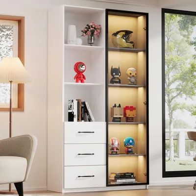 Image de Vitrine LED 80x40x160 cm Bibliothèque Vitrine en verre Porte en verre trempé 3 tiroirs 3 compartiments ouverts Cadre en aluminium Fermeture douce Multicolore Blanc
