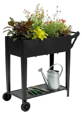 Produktbild von Relaxdays Hochbeet, mit Ablage, 2 Räder, Garten, Balkon & Terrasse, HxBxT: 80 x 85 x 50 cm, mobiles Tischbeet, schwarz