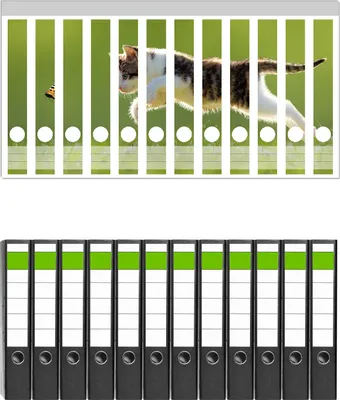 Produktbild von Wallario 12 Stück schmale Ordner inkl. Klebeetiketten mit Motive Süße Katze fängt Schmetterling im Grünen -  Set mit Rückenschildern / Ordnerrücken Stickern
