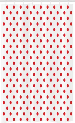Zdjęcie produktu dla ABAKUHAUS czerwona wąska zasłona prysznicowa, wzór w kropki w stylu rustykalnym, zestaw dekoracyjny do łazienki z tkaniny z haczykami, 120 x 180 cm, biały i cynobrowy