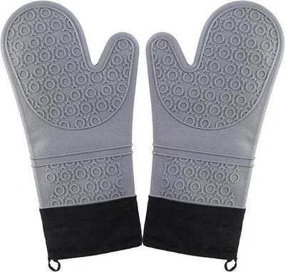 Image de Gants de four en silicone Unyqoos®, lot de 2, résistants à la chaleur jusqu'à 260 °C, antidérapants, longs et avec une doublure en coton doux, couleur gris clair