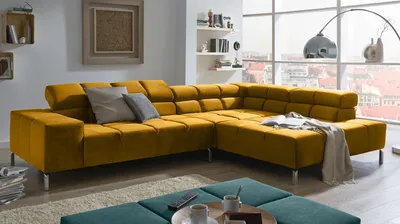 Produktbild von KAWOLA Sofa NELSON Ecksofa Velvet curry Recamiere rechts mit motorischem Sitzvorzug