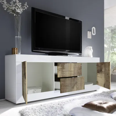 Produktbild von Dmora TV Möbel Sinello, 210x43x65h cm, Hochglanz Weiß, mit verstellbarem Regal