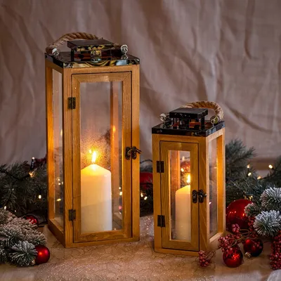 Produktbild von GADGY® Holzlaternen - 2er Set Laternen für draußen groß - Windlicht groß - Laterne Deko - Kerzenständer Holz - Haustür Deko - Windlicht Glas Set - Laterne Holz