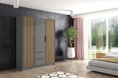 Produktbild von ALTDECOR Kleiderschrank mit selbstschließenden, Lamellentüren, Lamellen, Flügeltüren - NELIA - 150 cm Graphit