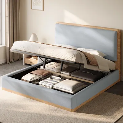 Produktbild von Polsterbett 140 x 200 cm mit hydraulischem Stauraum, Lattenrost, gepolstertem Kopfteil, Teddyfleece und PU, Grau/Naturholzton