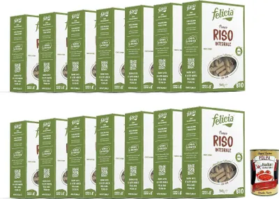 Produktbild von Felicia Penne Rigate di Riso Integrale, Pasta, Vollkornnudel, Paste reich an Ballaststoffen und Proteinen, Veganer, Vegan, 14x 340g + Italian Gourmet polpa 400g