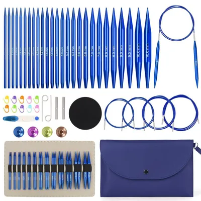 Immagine prodotto di Set di ferri circolari intercambiabili con custodia, 13 paia (3-10 mm), 4 cavi (40-100 cm), in alluminio, colore blu