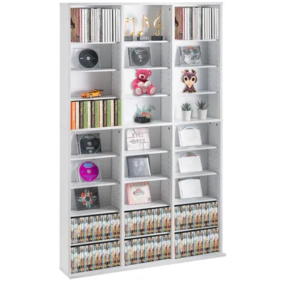 A white multi-shelf storage unit filled with CDs and decorative items.
