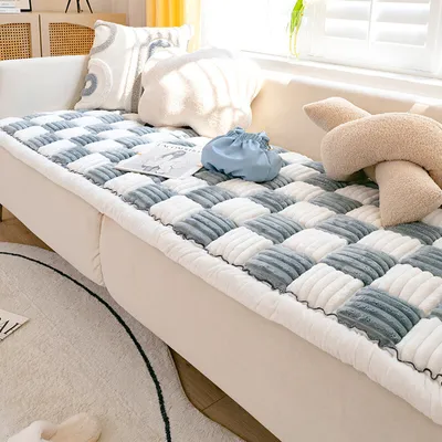 Image de （70*210cm, bleu-gris）Housse de canapé en flanelle Coussin de canapé à damier Housse de canapé jardin-chic-coton de protection style crème à carreaux pour coussin de protection de canapé, coussin de fenêtre en baie, coussin de chevet, tatami