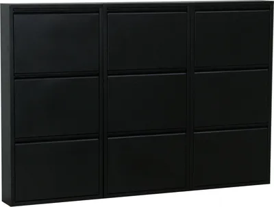 A black shoe cabinet with nine flip-down doors.